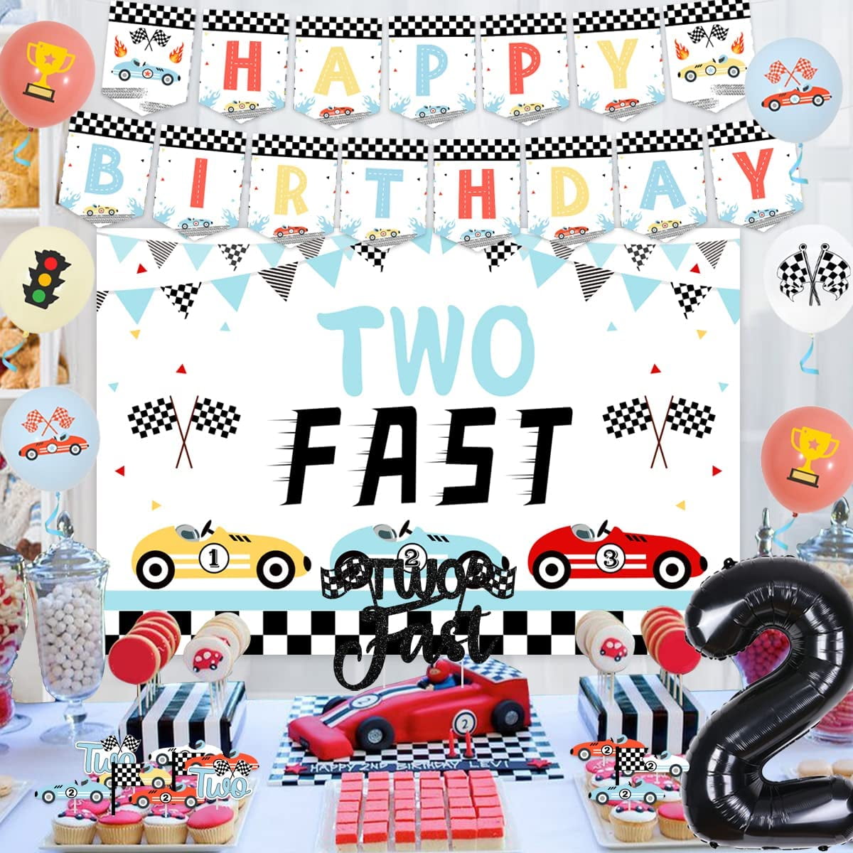 Vintage Two Fast Birthday Decorations for Boy, Retro Race Car 2nd Birthday Party Decorations - Two Fast Backdrop, Cake & Cupcake Toppers, Happy Birthday Banner, Sports Racing Car Party Supplies - Walmart.com